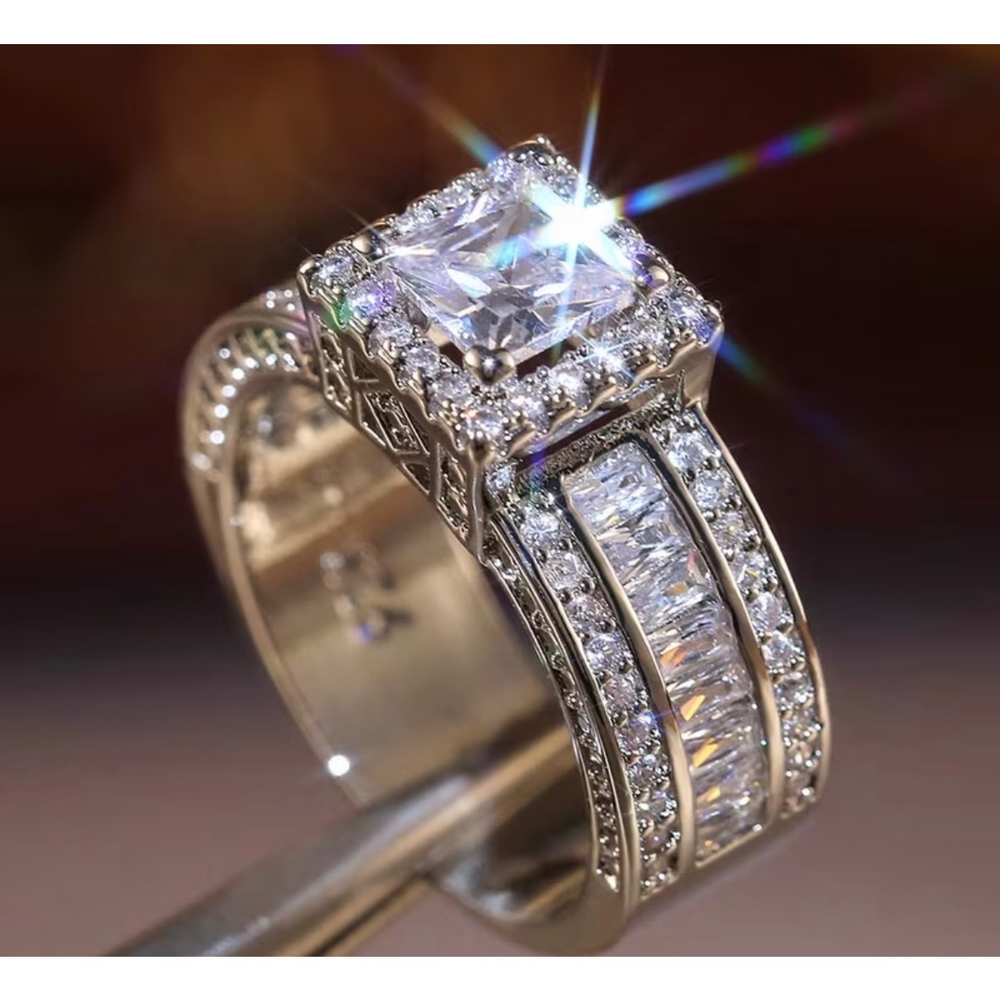 Unbranded White Gold Princess Cut Square CZ Halo Statement Cocktail Ring in Silv - Picture 2 of 5
